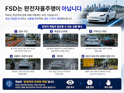 테슬라 FSD 사용 시 공사 구간&middot;악천후&middot;복잡한 교차로 등 운전자 개입이 필요한 상황 이미지
