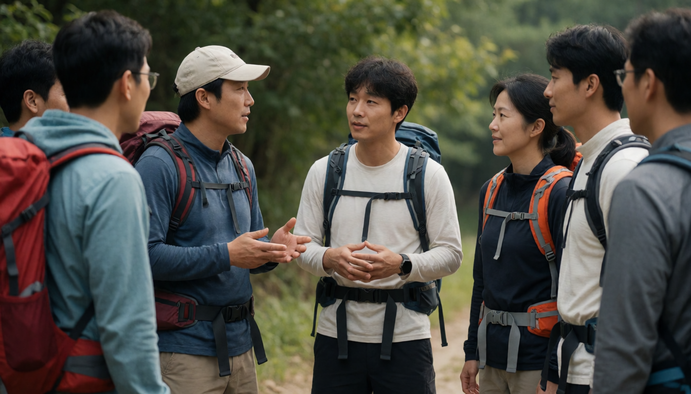 한 사람이 손짓하며 말하고 주변 사람들이 듣는 모습