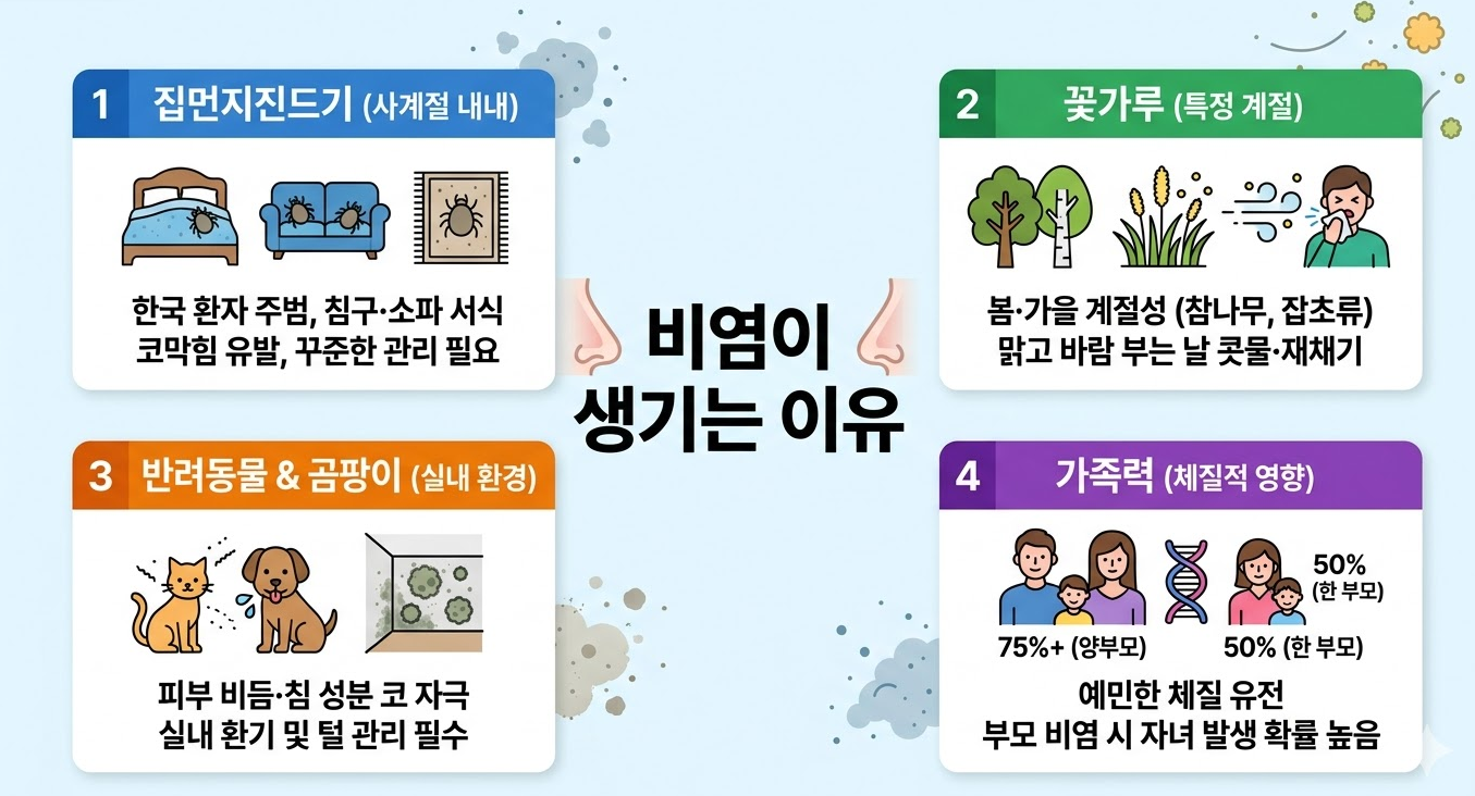 비염이 생기는 주요 원인: 집먼지진드기·꽃가루·반려동물·가족력 요인 정리