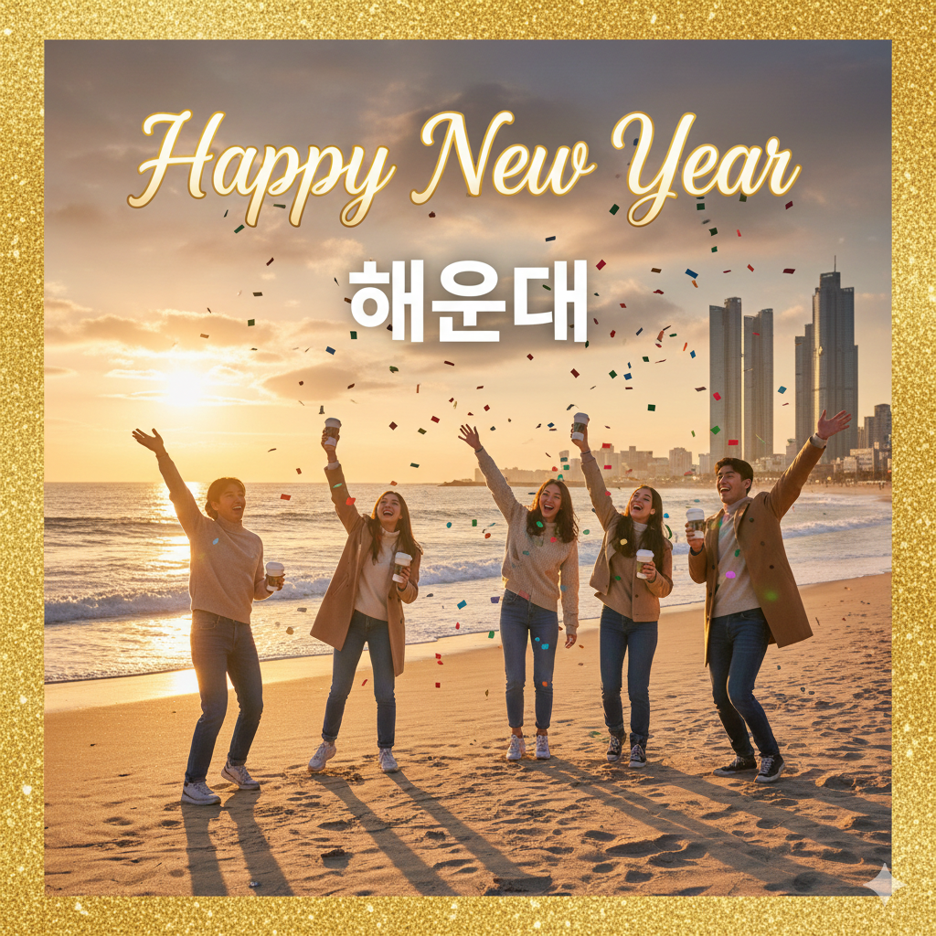 해운대 해변에서 5명의 젊은이들이 스타벅스 커피를 들고 아침 햇살을 맞으며 "Happy New Year, 해운대"라고 적힌 새해 카드를 들고 환호하고 있다.