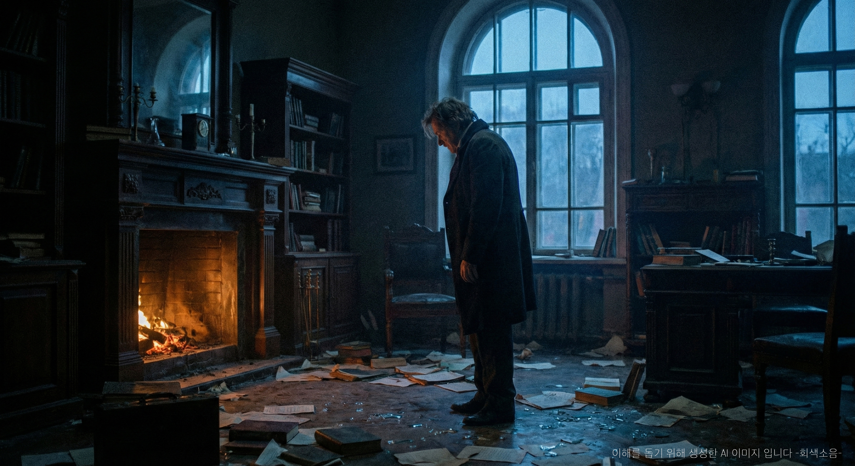 19세기 러시아 서재에서 어지럽게 흩어진 종이와 깨진 유리 사이로, 해질녘의 푸른 빛과 꺼져가는 벽난로 불빛 속에 지친 남자가 등을 돌린 채 서 있는 고요한 장면.