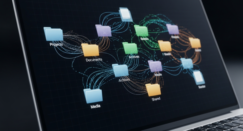 웜홀 코인 실제 사용 사례 예시 이미지(노트북 스크린 안에 복잡한 데이터가 매끄럽게 다른 폴더로 이동하는 그래픽 이미지.)
