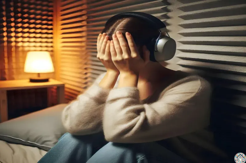 어두운 방에서 귀를 막고 있는 여성