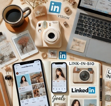 개인의 퍼스널 브랜딩을 시각적으로 표현한 평면 이미지, 블로그 포스트 썸네일, SNS 프로필, 메모와 마우스패드 등이 어우러진 장면