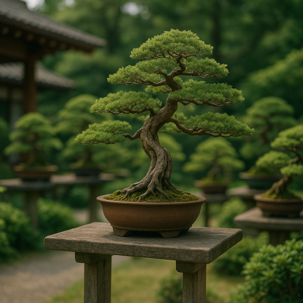 정원에 놓인 작은 분재 나무