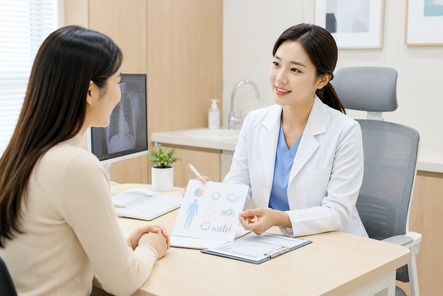 생리 전 피곤함으로 병원에서 상담받는 한국인 여성