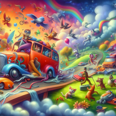 다양한 색감의 구름과 동물들이 가득한 꿈같은 풍경을 나타내는 그림입니다.