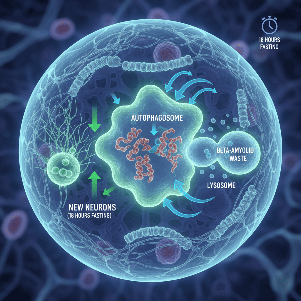 18시간 단식으로 활성화되는 오토파지 시스템과 뇌세포 재생 과정 인포그래픽
