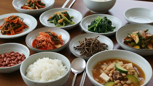 식탁에 맛있는 청국장, 야채류, 견과류등 뇌 건강에 좋은 반찬이 있는 식단