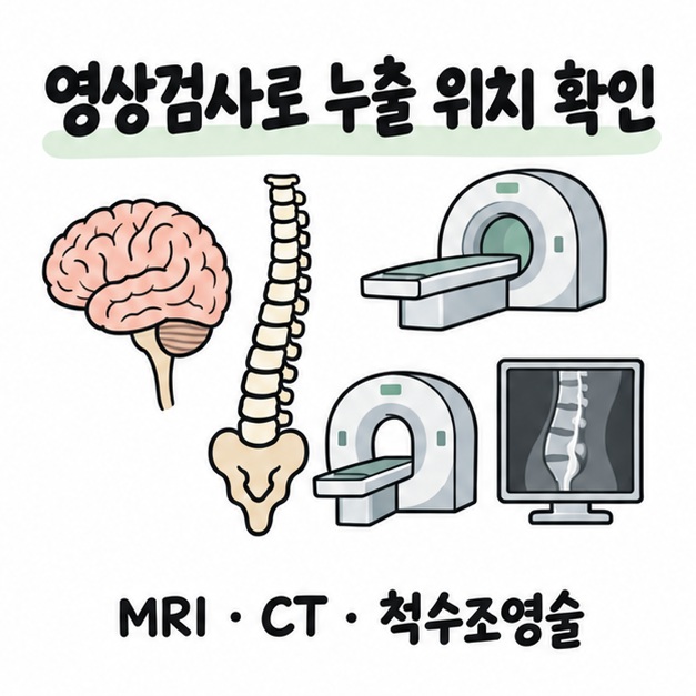 MRI와 CT, 척추 그림을 이용해 영상검사로 뇌척수액 누출 위치를 찾는 과정을 보여주는 카드