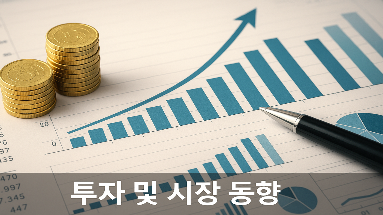투자 및 시장 동향을 나타내는 그래프와 금화가 놓인 재무 데이터 이미지