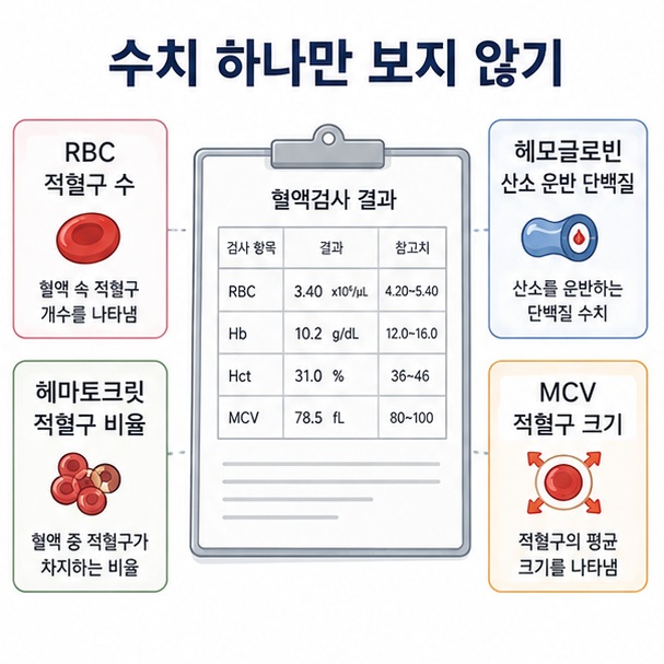 적혈구 수와 헤모글로빈, 헤마토크릿, MCV를 함께 확인해야 하는 이유를 혈액검사 결과표로 설명한 이미지