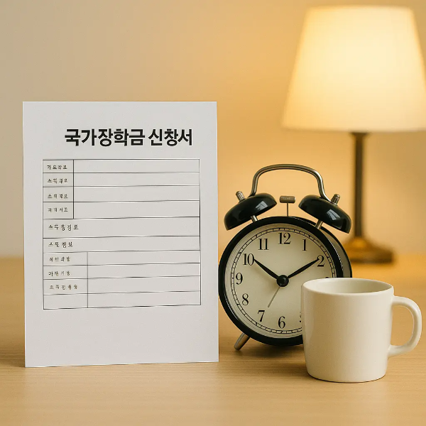 책상 위에 놓인 국가장학금 신청서와 검정색 자명종, 흰색 머그컵, 스탠드 조명이 어우러진 스튜디오컷 이미지