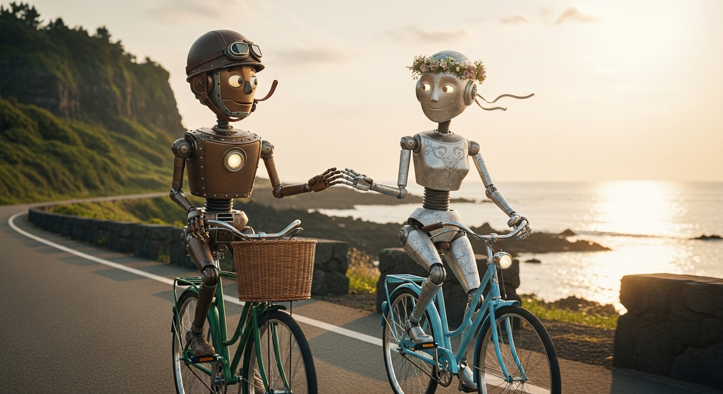 뮤지컬 '어쩌면 해피엔딩'의 올리버와 클레어 로봇이 제주도 해안도로에서 자전거를 타고 즐겁게 달리는 모습. 따뜻한 노을빛이 감도는 아름다운 풍경.