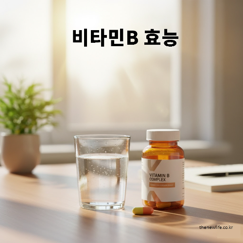 아침 햇살 아래 물 한잔과 비타민B 복합제 병이 놓인 모습 &ndash; 피로 회복과 집중력 향상을 위한 비타민B 영양제 섭취 장면을 표현했습니다.