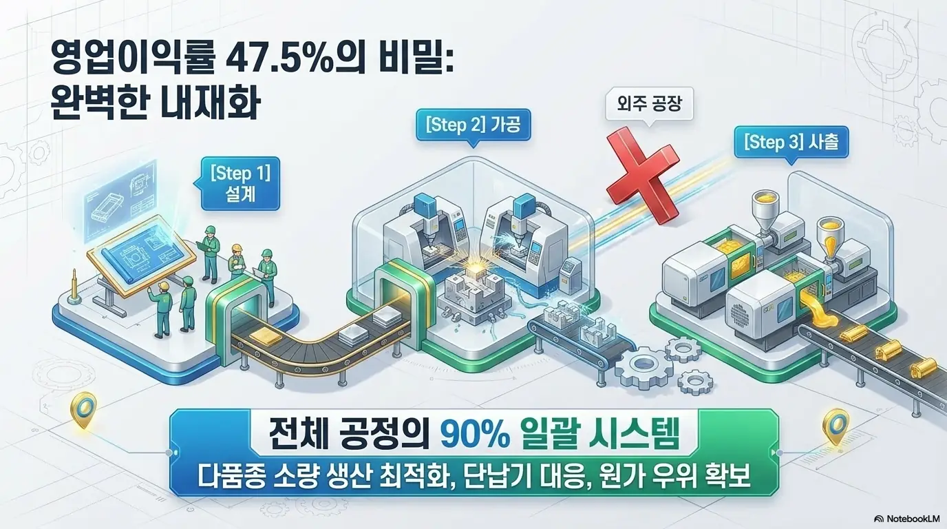 리노공업 주가 전망: 리노공업의 47.5% 영업이익률 비결인 전 공정 내재화를 보여주는 인포그래픽. 설계, 가공, 사출까지 외주 없이 90%를 일괄 처리하는 시스템으로 다품종 소량 생산과 단납기 대응, 원가 우위를 확보한 과정을 단계별로 전달하며, 블로그의 리노공업 주가 전망 주제와 관련된 수익성 구조를 설명함