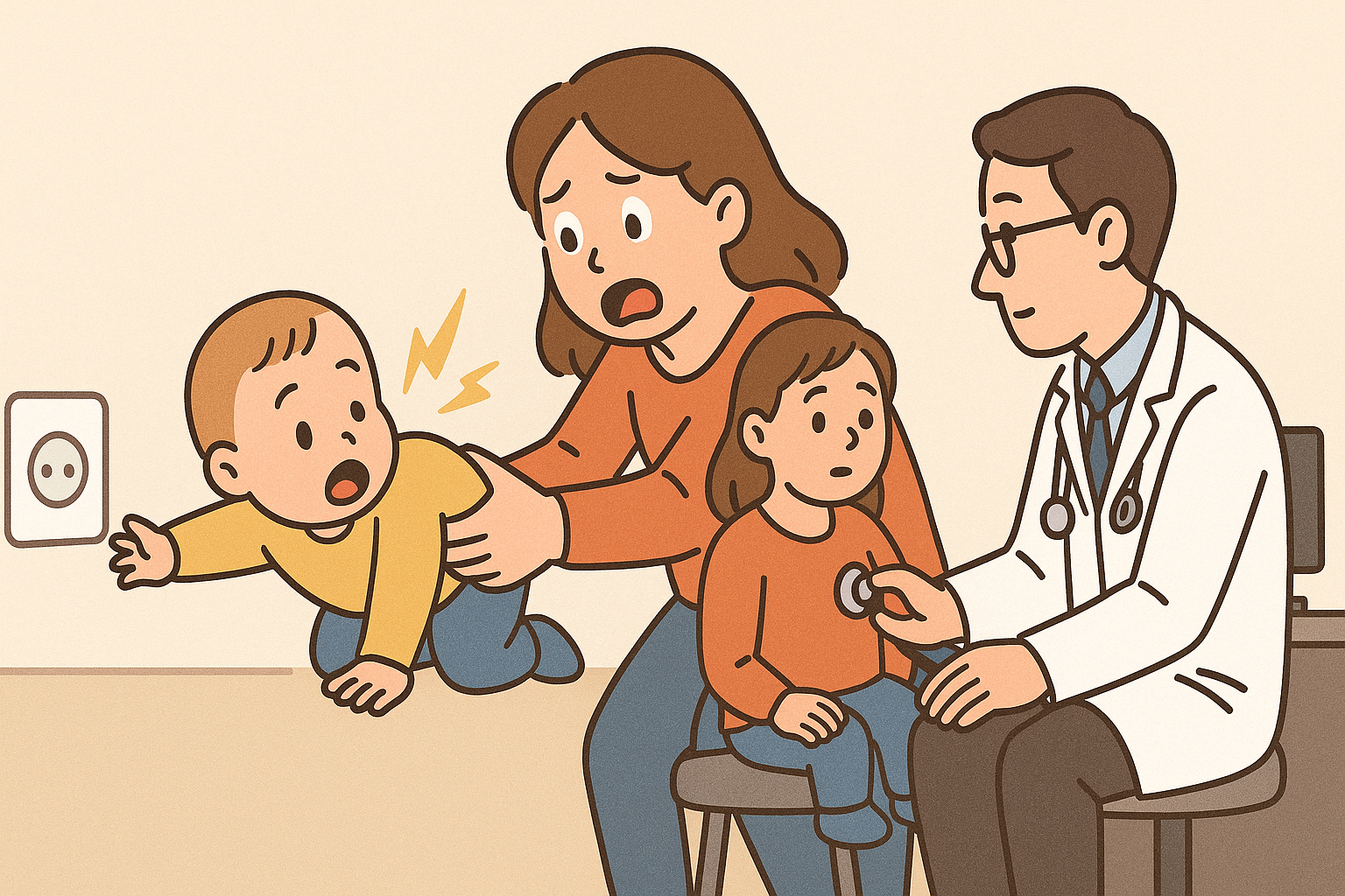 어린이 감전 사고 및 병원 진료 관련 일러스트 – 콘센트를 만지려는 아이와 당황한 엄마, 병원에서 아이를 진찰하는 의사 모습