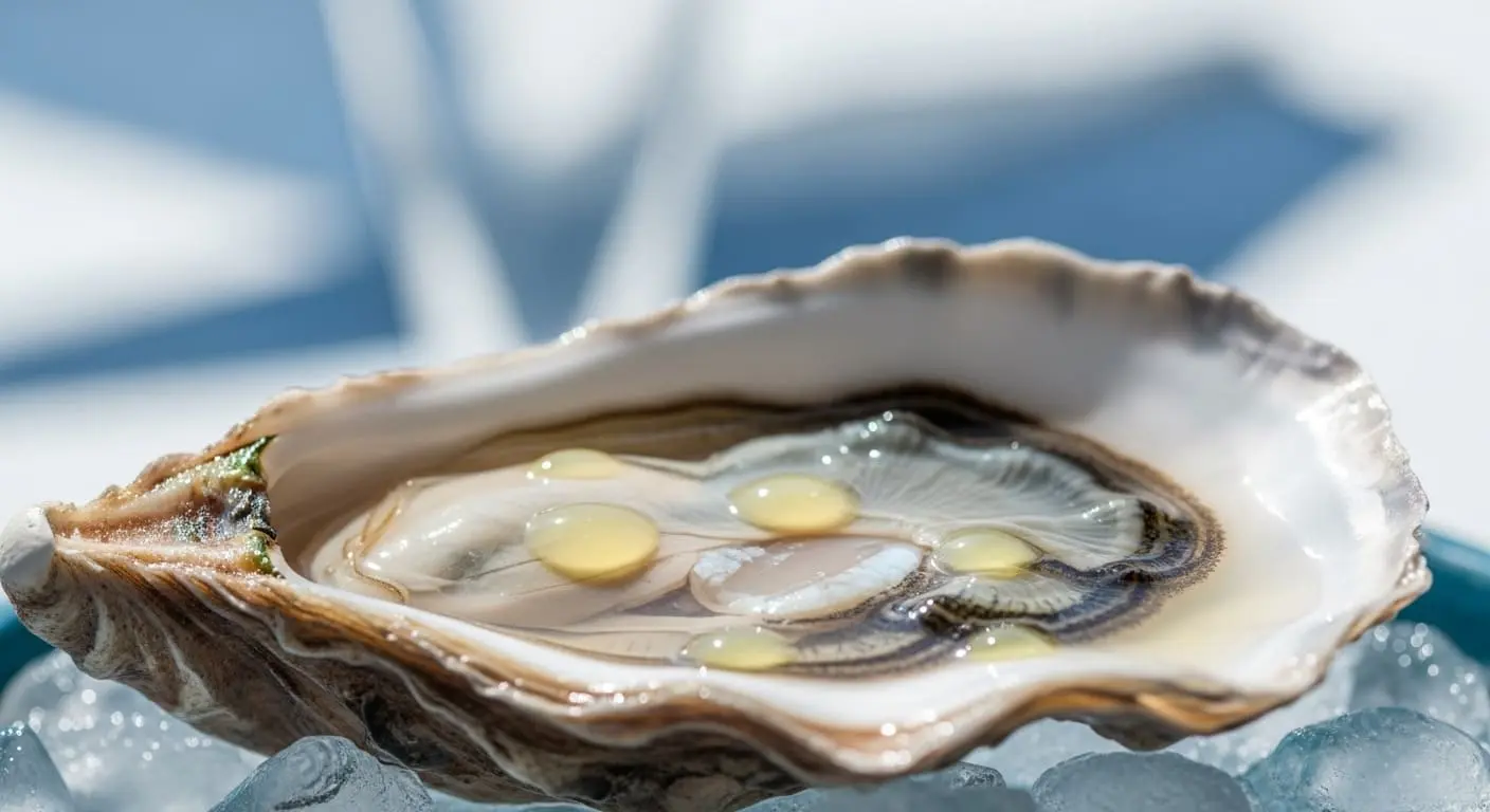 신선한 레몬즙이 뿌려진 생굴이 얼음 위에 놓여 있는 클로즈업 이미지. 굴의 신선함과 아연 흡수를 돕는 비타민C의 조합을 강조.