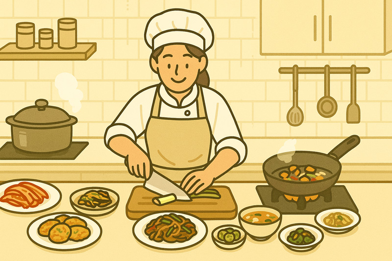 한식 요리를 준비 중인 조리사
