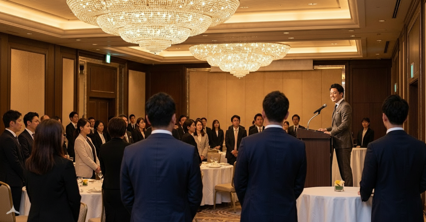 호텔 연회장 단상에서 정장을 입고 임직원들에게 진지하게 연설하는 CEO의 모습