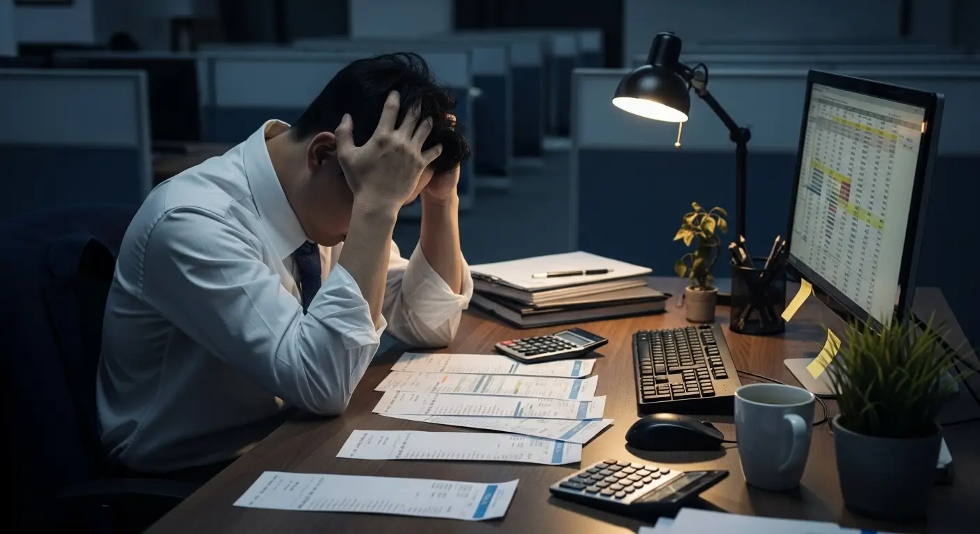 여러 장의 카드 고지서를 보며, 정부지원 채무통합을 고민하는 한국인 직장인의 모습