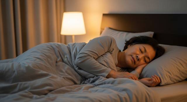 【IMG12 — 야간 기침 완화를 위해 상체를 높이고 왼쪽으로 누운 수면 자세 이미지】