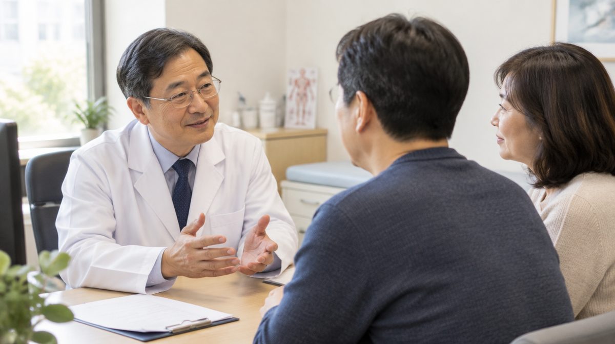 뇌졸중 환자 독감 예방접종 가능 여부를 의사와 상담하는 부부