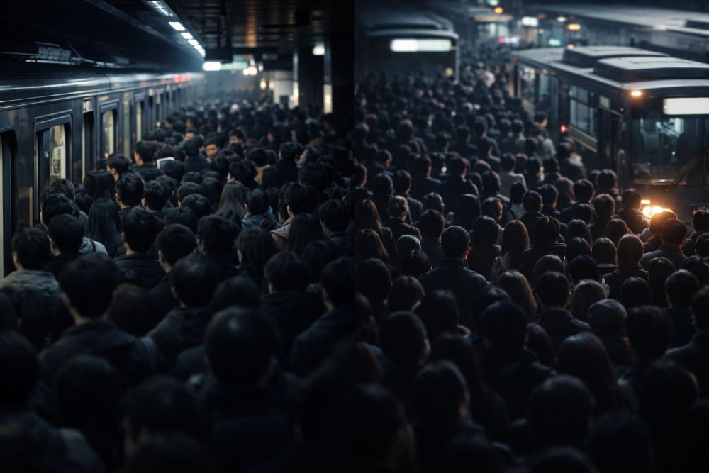 출퇴근 시간 수도권 지하철과 버스 정류장에 사람들이 밀집한 혼잡한 풍경