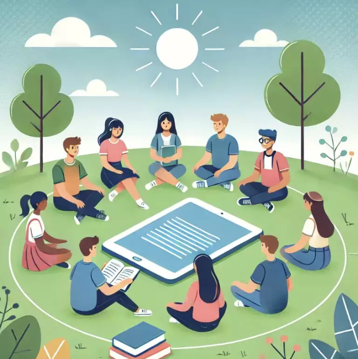 소규모 학생 그룹이 야외에서 원형으로 앉아 학습 활동을 하는 모습. 학생들 사이에는 책, 태블릿, 지도 등이 놓여 있으며, 자연과 어울리는 배경으로 잔디밭과 나무가 보인다. 밝은 햇살 아래 학습에 집중하고 있는 모습.