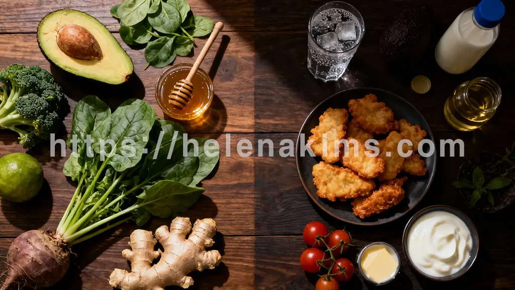 정갈한 우드 테이블 위, 반은 배, 도라지, 생강, 꿀과 같은 신선하고 건강한 식재료들이 조화롭게 배열되어 빛나고, 반대편에는 기름진 튀김, 탄산음료, 건강과 비건 식단의 중요성을 동시에 강조한 이미지.