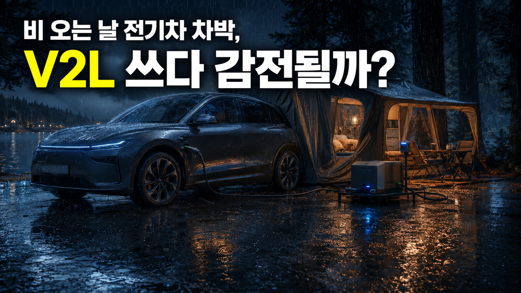 "비 오는 날 야외에서 V2L 전기를 연결해 차박 캠핑을 즐기고 있는 전기차와 도킹텐트 전경"