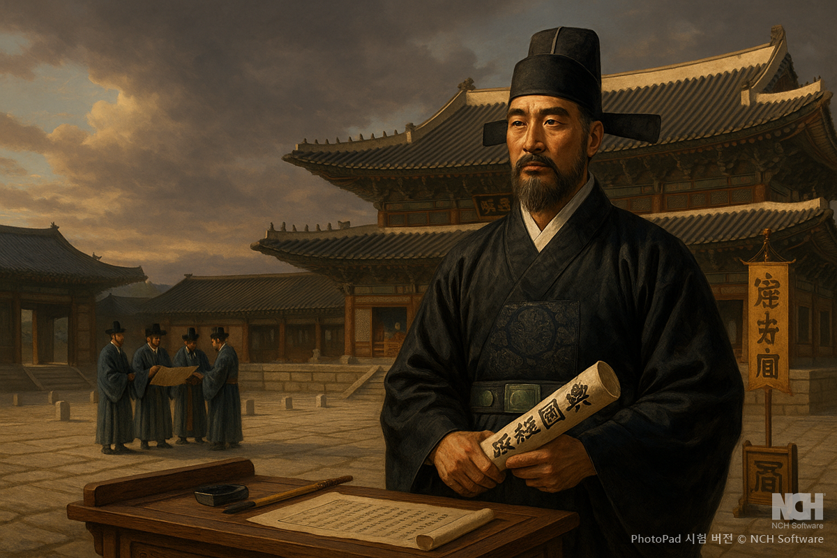 경복궁 근정전 앞, 『조선경국전』을 든 정도전 — 재상 중심 정치의 상징