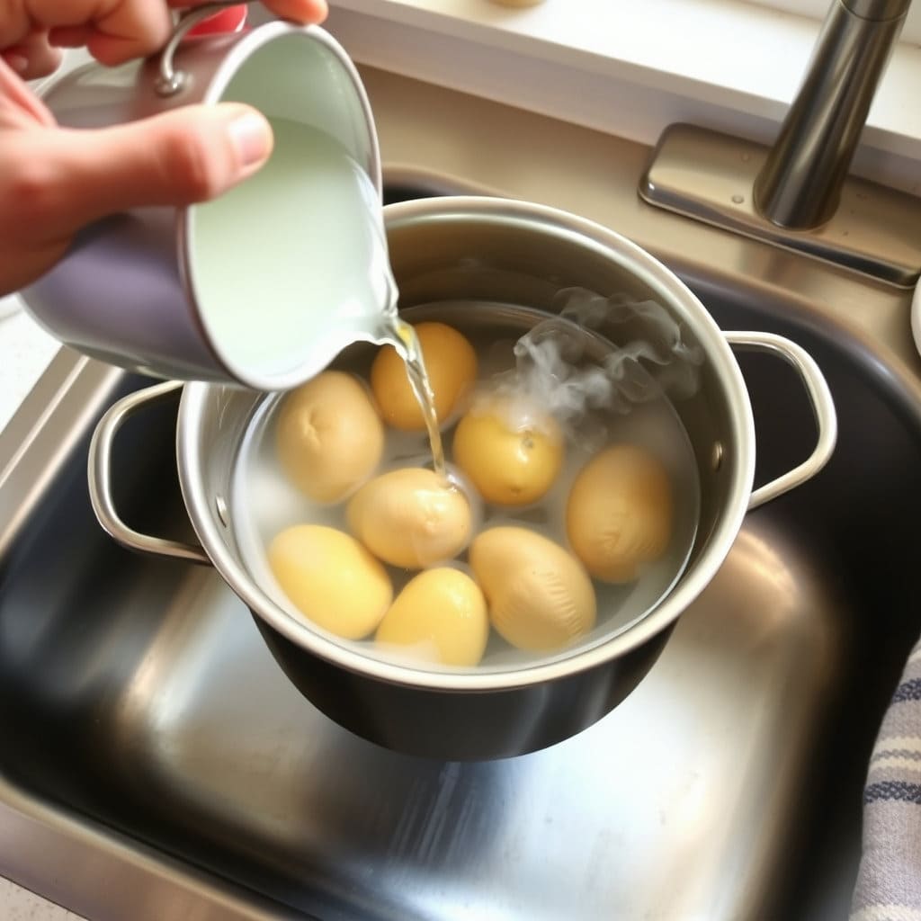 냄비의 물을 싱크대에 조심스럽게 따라 버리는 모습입니다. 김이 모락모락 나는 삶은 감자가 냄비 안에 남아 있는 것을 보여줍니다.