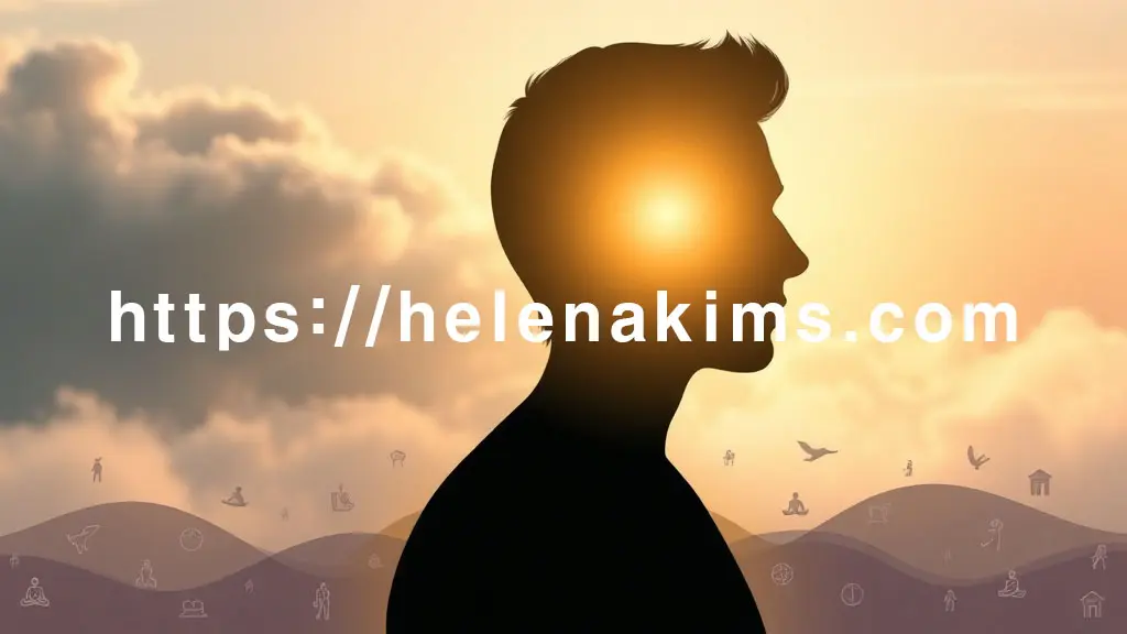 고요한 사람의 옆모습 실루엣, 실루엣의 배경에는 요가, 명상, 산책하는 모습의 작은 아이콘들이 조화롭게 어우러져 마음을 돌보는 행위를 표현한 그래픽 이미지.