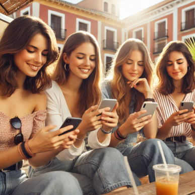 스페인에 사는 여성끼리 핸드폰 SNS앱으로 정보 공유하는 모습