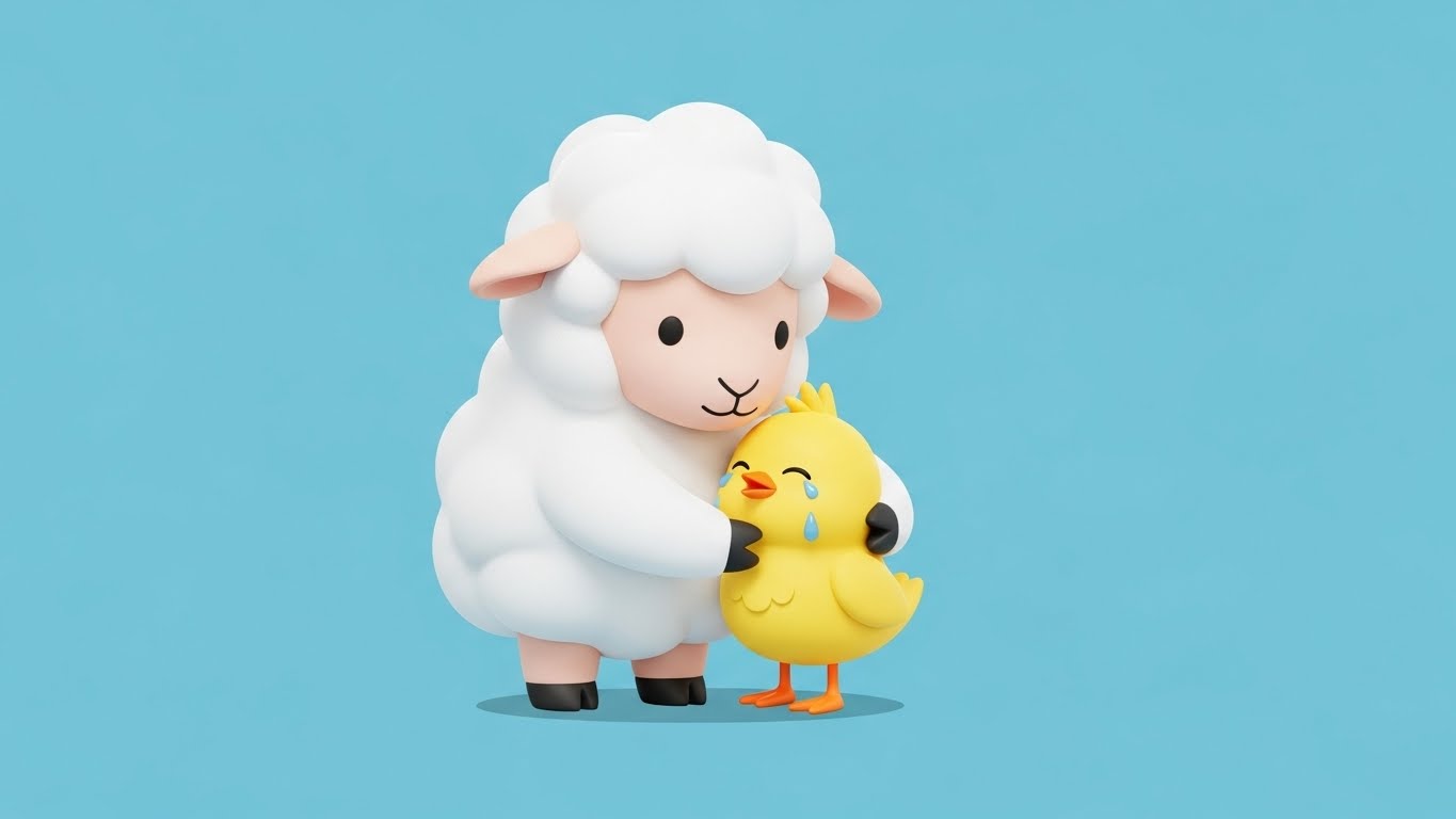 작은 동물을 따뜻하게 안아주는 배려심 깊은 양 캐릭터의 2D 플랫 벡터 일러스트