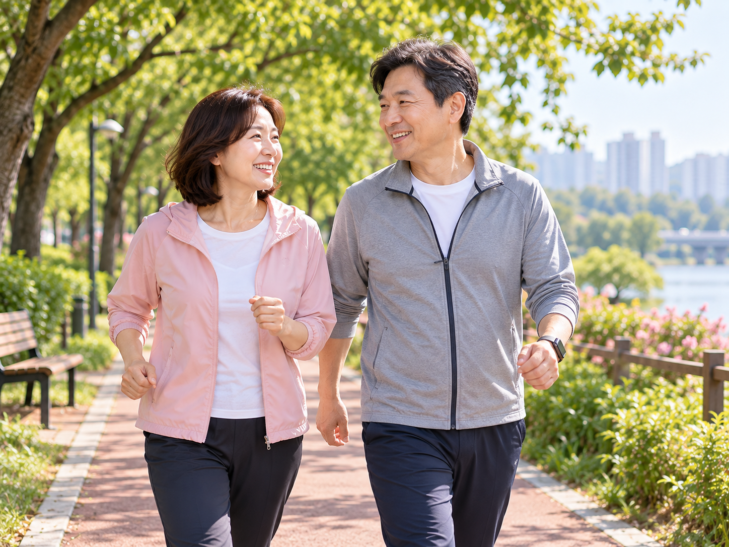 식사후 공원산책로를 가볍게 걷고 있는 중년 성인