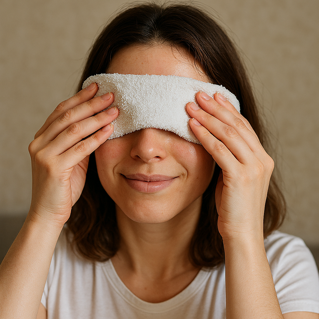 눈에 온찜질을 하는 여성