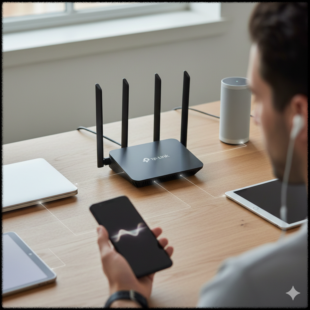 와이파이 공유기와 여러 무선 기기가 있는 환경에서 블루투스를 사용 중인 모습