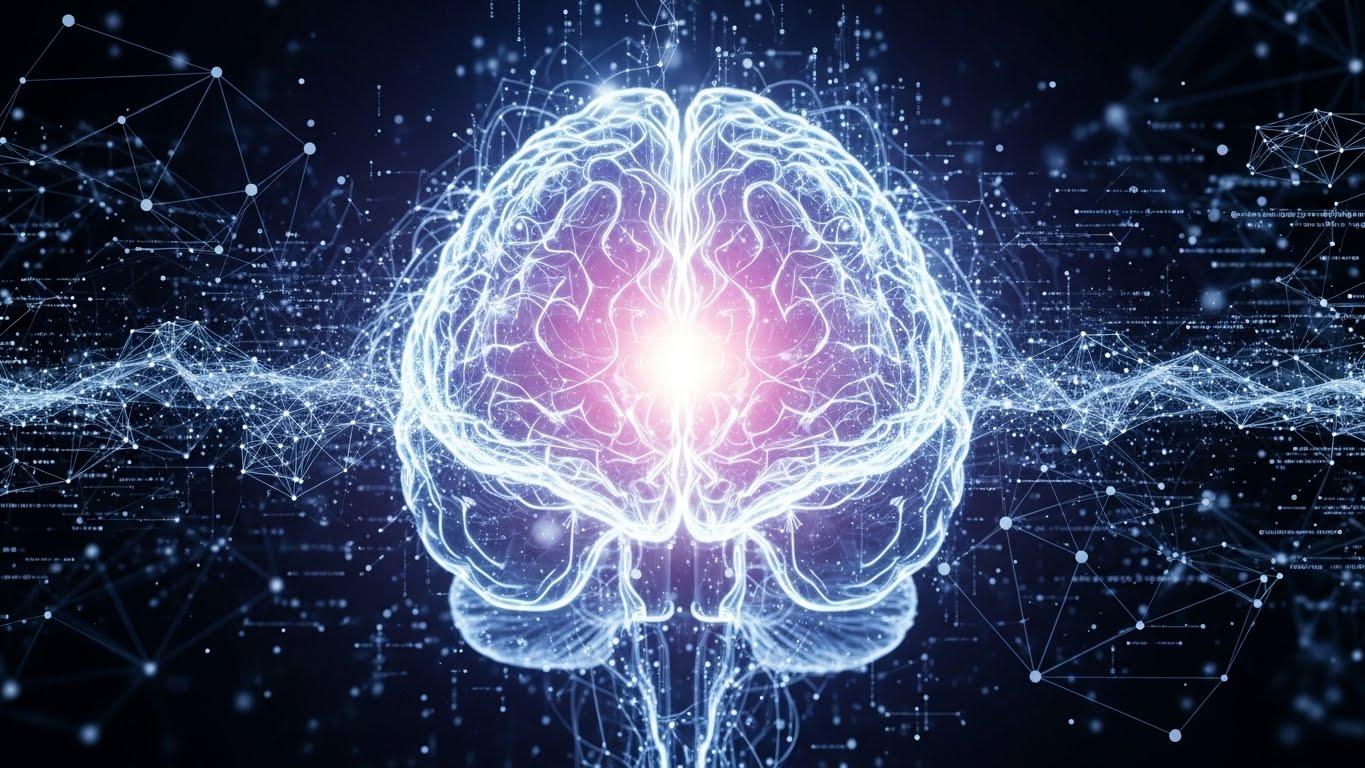 복잡한 신경망 네트워크와 데이터가 연결되어 빛나는 뇌 형상의 일러스트