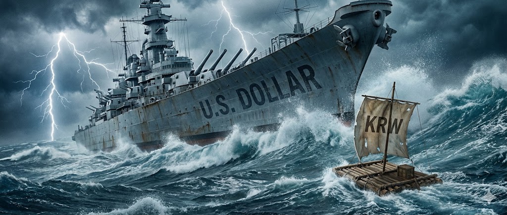 거센 파도가 치는 바다 한가운데, 'U.S. Dollar'라는 이름의 거대한 함선과 'KRW'라는 이름의 작은 뗏목이 위태롭게 대조되는 강렬한 그래픽