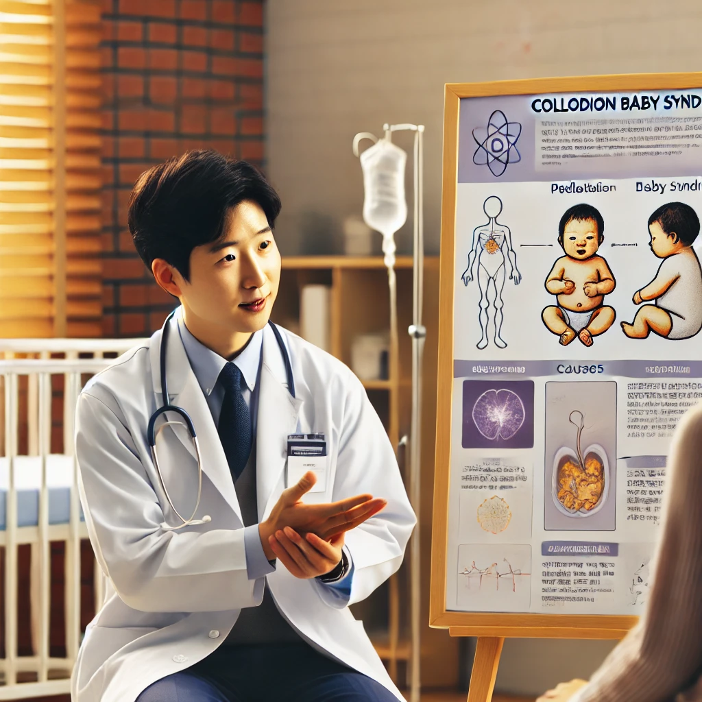 한국 소아과 의사가 신생아 클리닉에서 부모에게 콜로디온 베이비 증후군의 증상과 치료법을 설명하는 모습