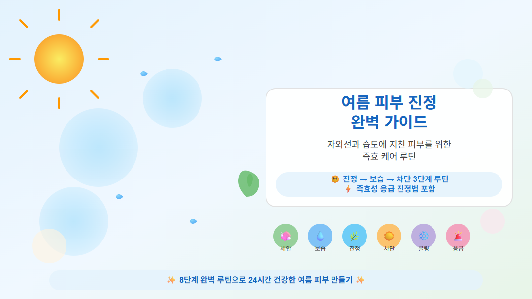 여름 피부 진정 관리법 가이드 썸네일 이미지. 태양과 물방울, 알로에 등 여름 스킨케어 요소들과 함께 8단계 케어 루틴(세안, 보습, 진정, 자외선 차단, 쿨링, 응급처치)을 아이콘으로 표현한 1080x608 크기의 블로그 대표 이미지