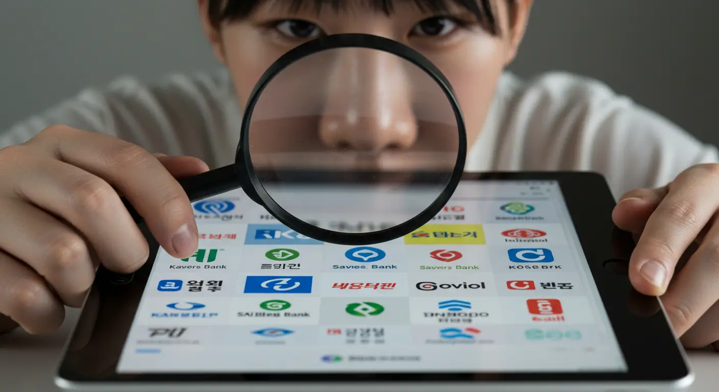 여러 저축은행의 공유지분담보대출 상품을 돋보기로 비교하며 신중하게 검토하는 모습