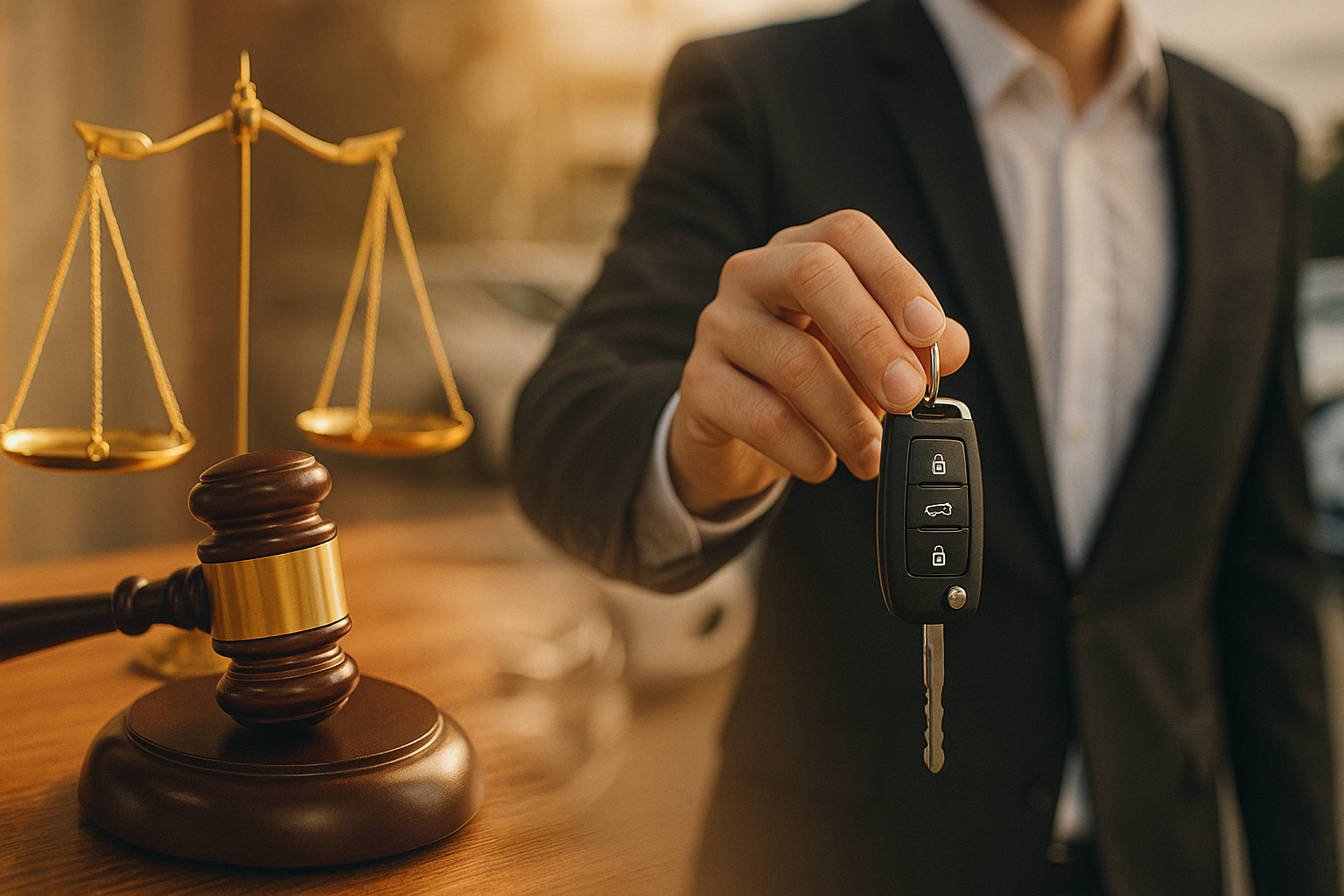 자동차 경매나 차량 관련 법적 판결 상징 이미지(의사봉, 차키)