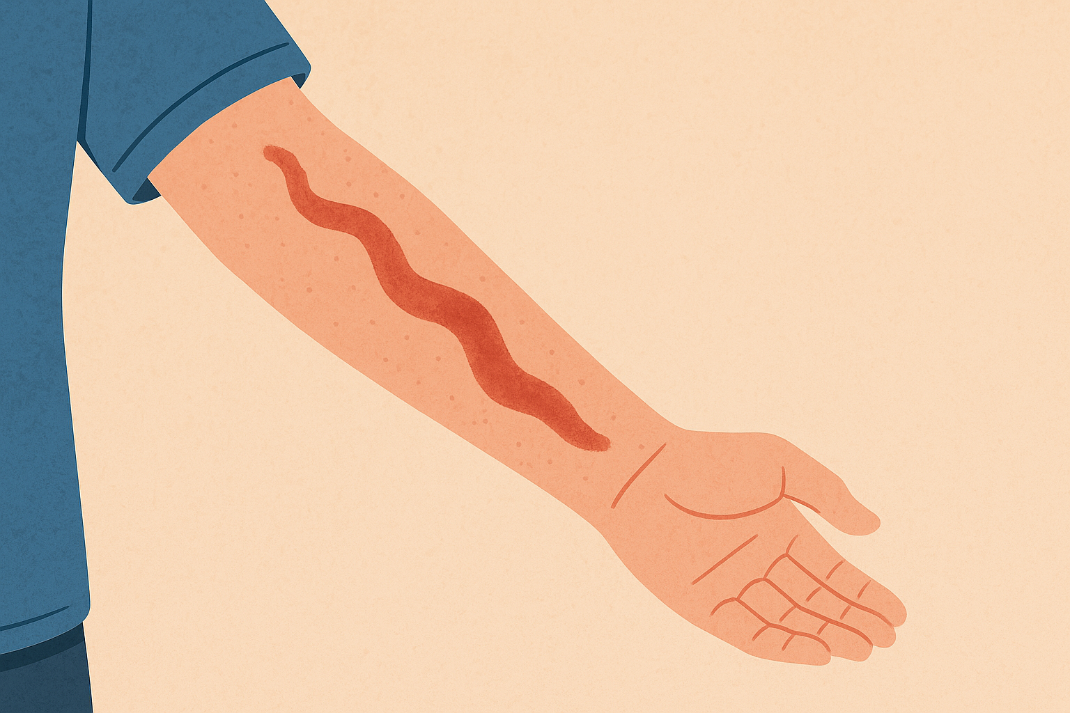 팔 안쪽에 붉게 부풀어 오른 해파리 쏘임 자국이 선명하게 나타난 일러스트