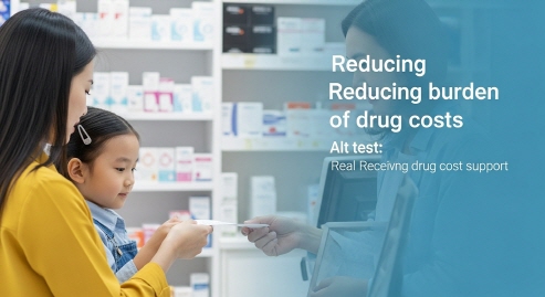 약국에서 처방전을 받는 어린이와 부모