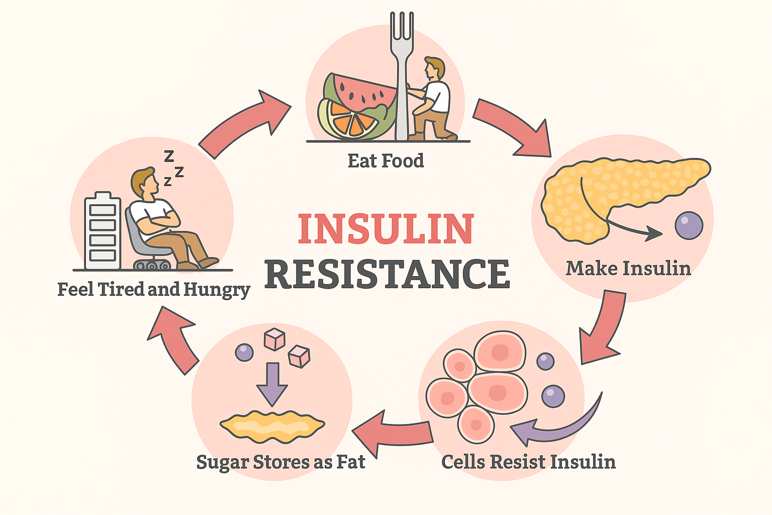 인슐린 분비와 에너지 사용&middot;저장 흐름을 순환 구조로 설명한 인슐린 저항성 인포그래픽