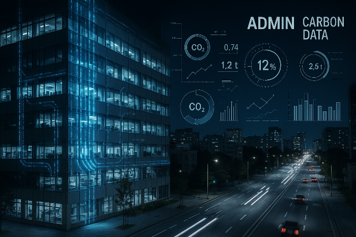 도심 금융가 위에 탄소 리스크 지표가 시각화된 이미지