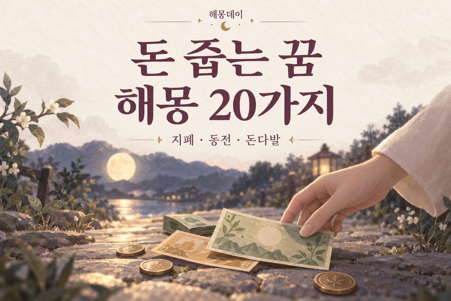 달빛 아래 길에서 지폐와 동전을 줍는 장면과 돈 줍는 꿈 해몽 20가지 제목이 담긴 썸네일